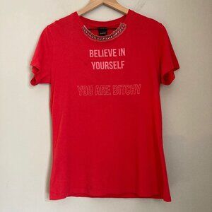 PINKO Italy Daphne Believe In Yourself Tee Hot Pink Embellished Womens Small NEW